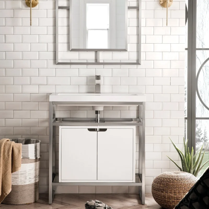 Boston 31. 5 stainless steel sink console single bathroom vanity in satin nickel