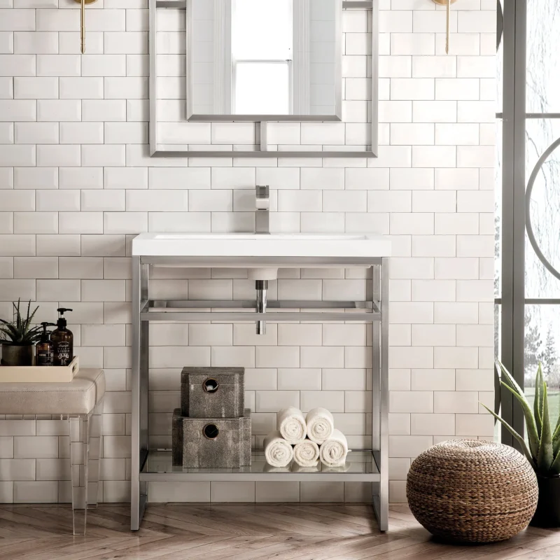 Modern bathroom vanity with elegant accessories.