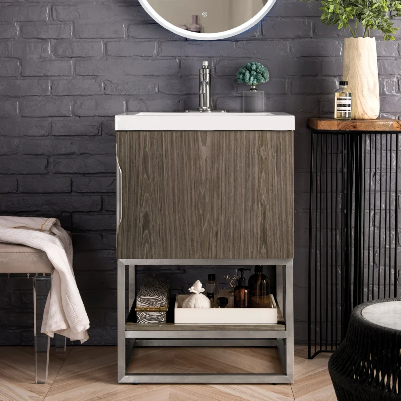 Columbia 24" Single Vanity Cabinet, in Ash Gray with Brushed Nickel Base
