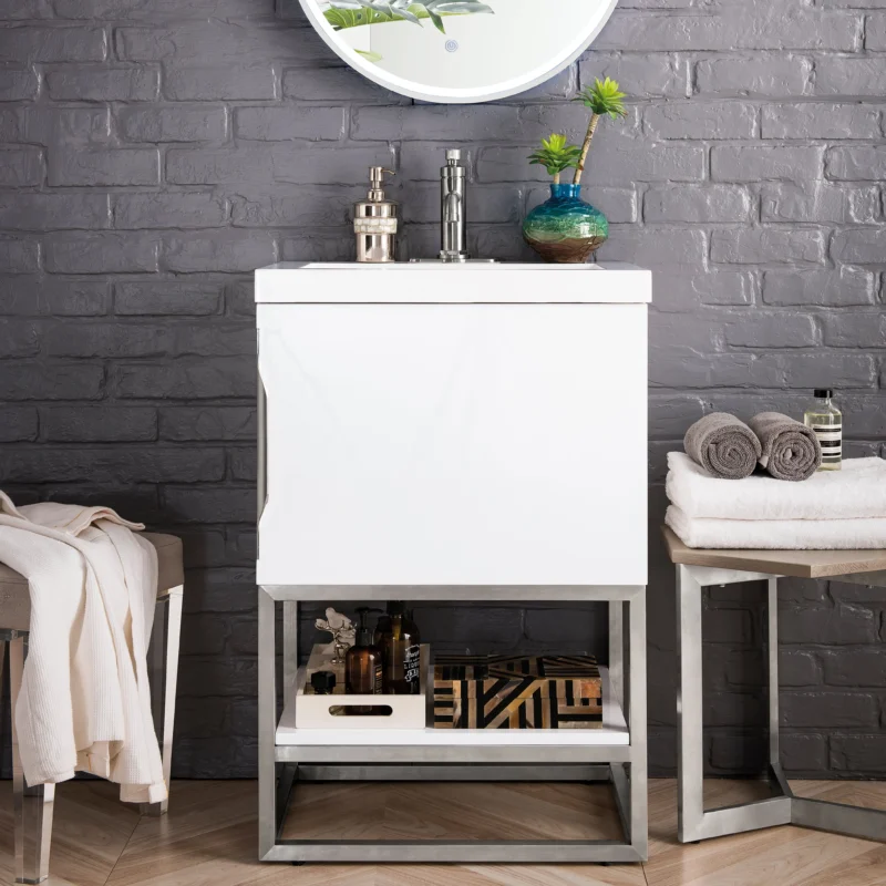 Columbia 24" Single Vanity Cabinet in Glossy White with Brushed Nickel Base