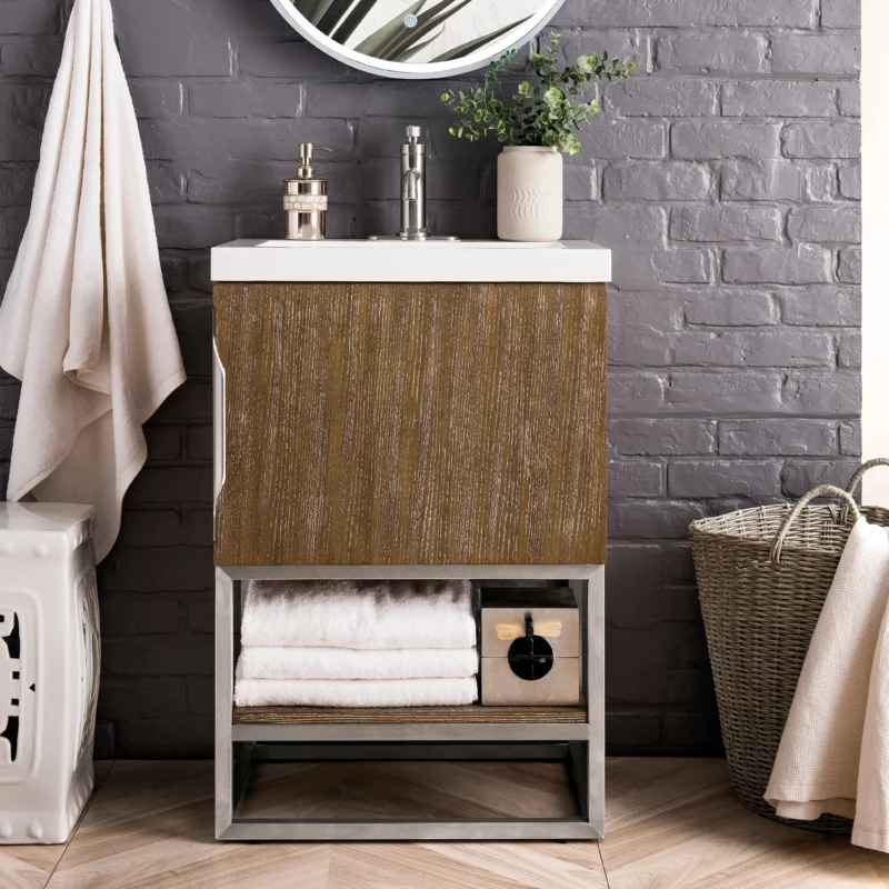 Columbia 24" Single Vanity Cabinet in Latte Oak with Brushed Nickel Base