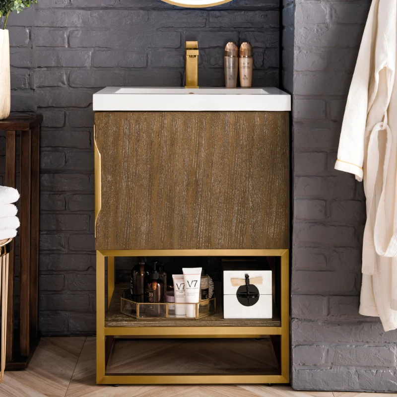 Columbia 24" Single Vanity Cabinet in Latte Oak with Radiant Gold Base