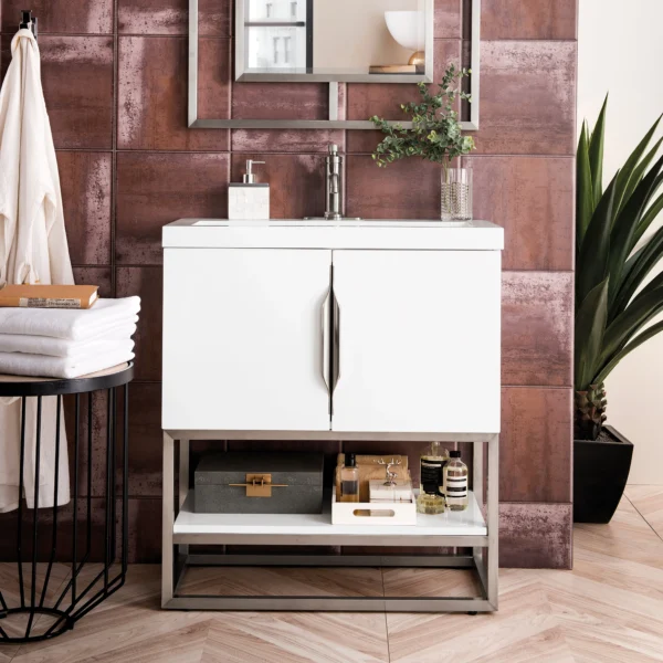 Columbia 31.5" Single Vanity Cabinet in Glossy White with Brushed Nickel Base