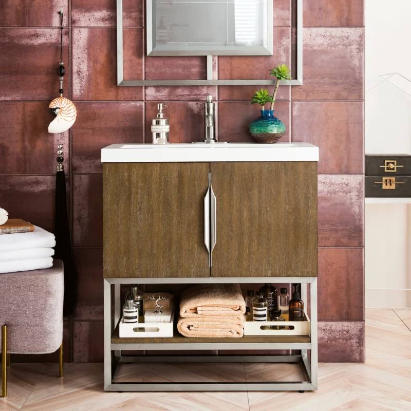 Columbia 31. 5" single vanity cabinet in latte oak with brushed nickel base