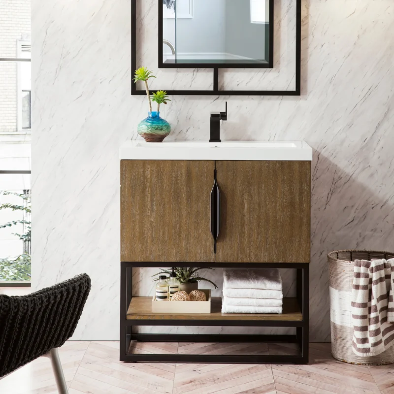 Columbia 31.5" Single Vanity Cabinet in Latte Oak with Matte Black Base