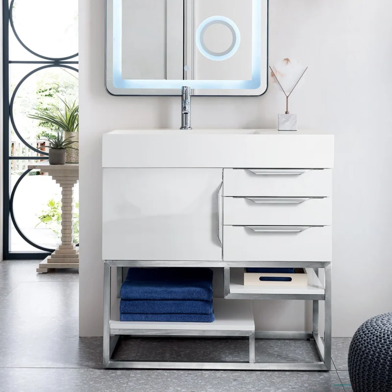 Columbia 36" Single Bathroom Vanity in Glossy White with Brushed Nickel Base