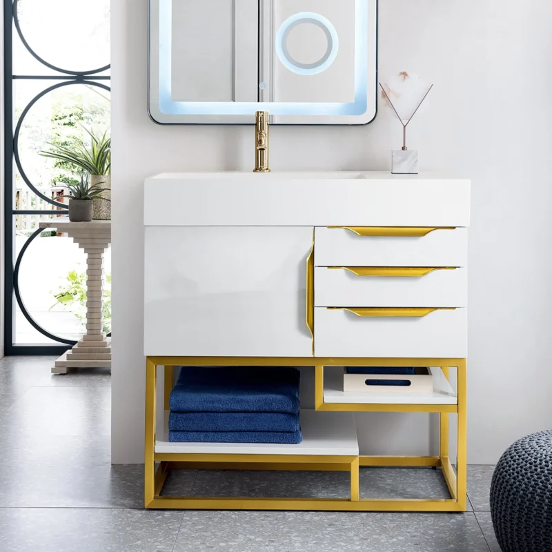 Columbia 36" single bathroom vanity in glossy white with radiant gold base