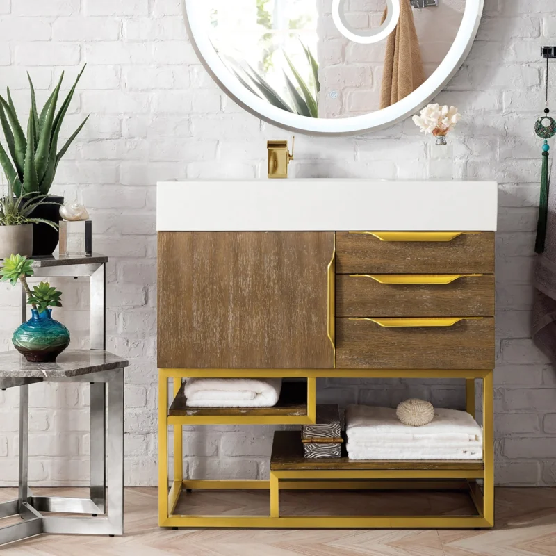 Columbia 36" single bathroom vanity in latte oak with radiant gold base