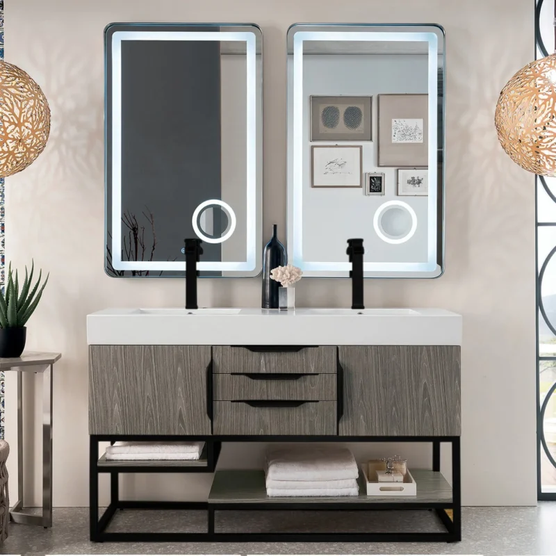 Columbia 59" Double Bathroom Vanity in Ash Gray with Matte Black Base