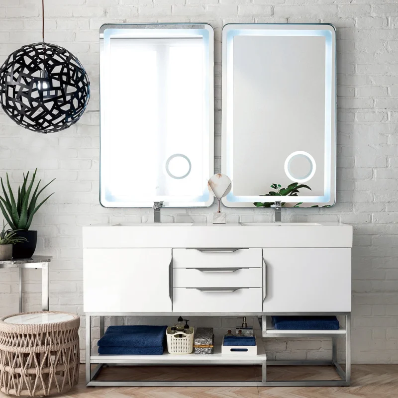 Columbia 59" Double Bathroom Vanity in Glossy White with Brushed Nickel Base