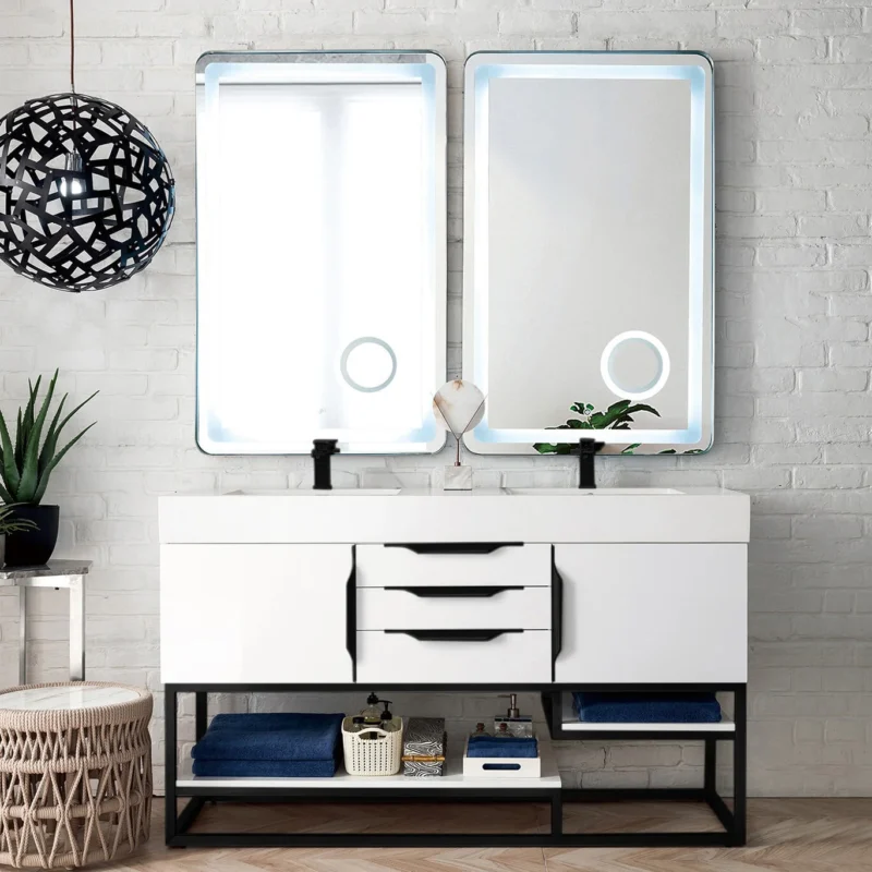Columbia 59" double bathroom vanity in glossy white with matte black base
