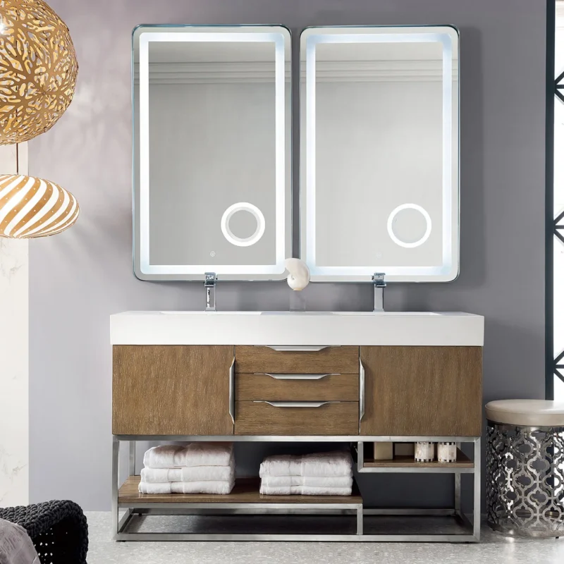 Columbia 59" Double Bathroom Vanity in Latte Oak in Brushed Nickel Base