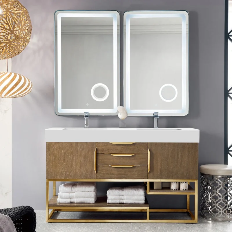 Columbia 59" Double Bathroom Vanity in Latte Oak in Radiant Gold Base