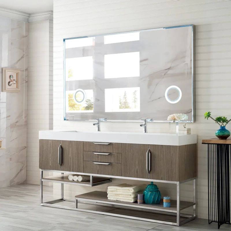 Columbia 72" double bathroom vanity in ash gray with brushed nickel base