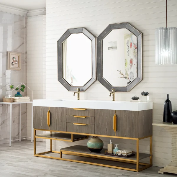 Columbia 72" Double Bathroom Vanity in Ash Gray with Radiant Gold Base