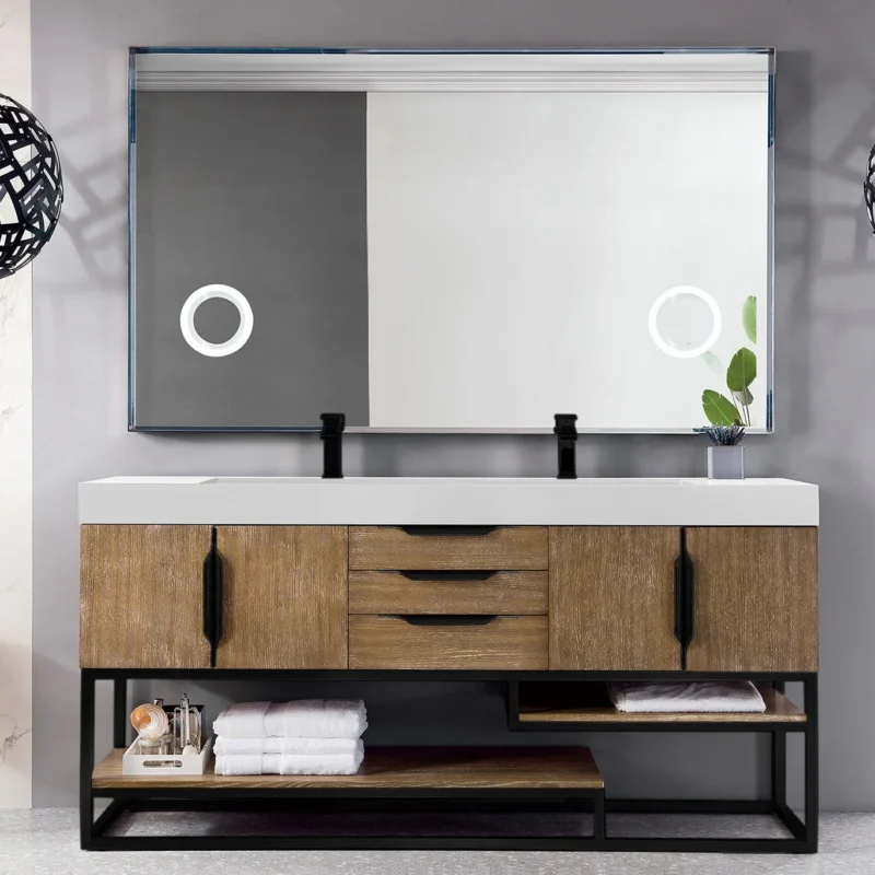 Columbia 72" double bathroom vanity in latte oak with matte black base
