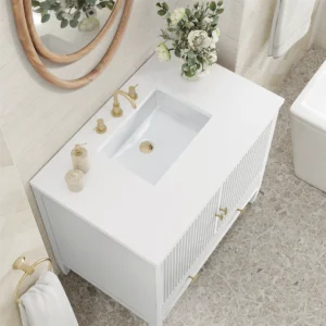 Modern bathroom vanity with floral arrangement