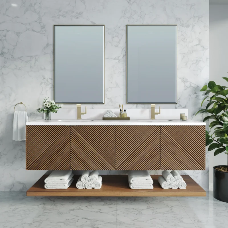 Modern bathroom with elegant wooden vanity.