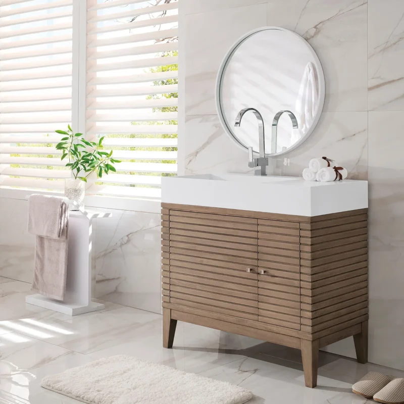 Freestanding vs. Built-In Bathroom Vanities: Which Is Right for You? 1 Linear 36 single bathroom vanity in whitewashed walnut single bathroom vanity james martin vanities 913252 bathusa inc.
