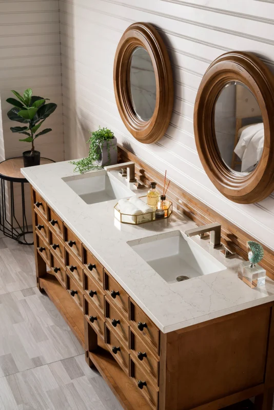 Elegant double vanity with mirrors.
