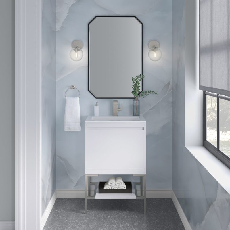 Mantova 23. 6" single vanity cabinet, glossy white, brushed nickel base