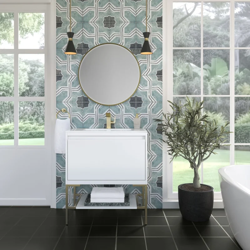 Mantova 31.5" Single Vanity Cabinet, Glossy White, Champagne Brass Base