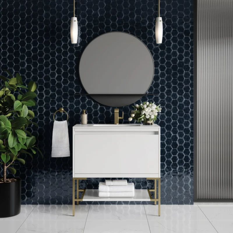 Mantova 35.4" Single Vanity Cabinet, Glossy White, Champagne Brass Base