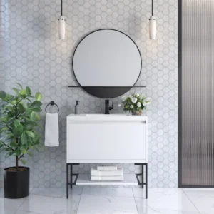 Mantova 35.4" Single Vanity Cabinet, Glossy White, Matte Black Base
