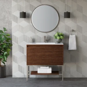 Mantova 35.4" Single Vanity Cabinet, Mid Century Walnut, Brushed Nickel Base
