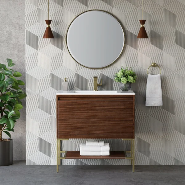 Mantova 35.4" Single Vanity Cabinet, Mid Century Walnut, Champagne Brass Base