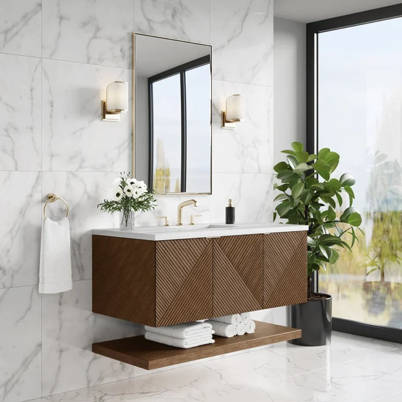 Modern bathroom with stylish vanity design.