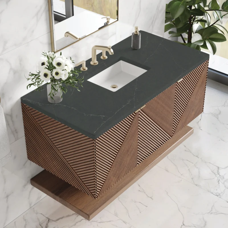 Modern vanity with geometric wood design.