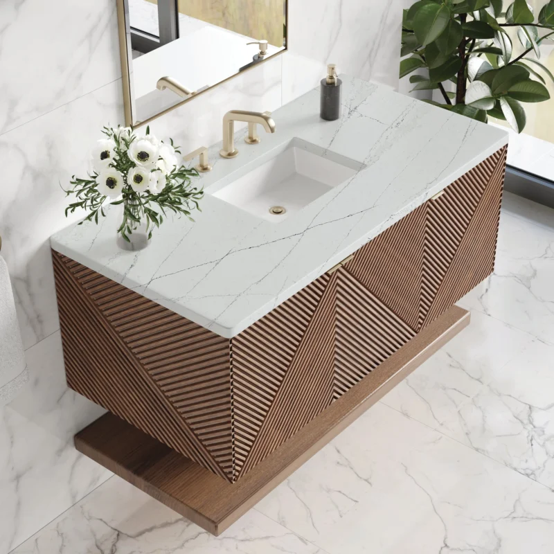 Modern vanity with geometric wood design.