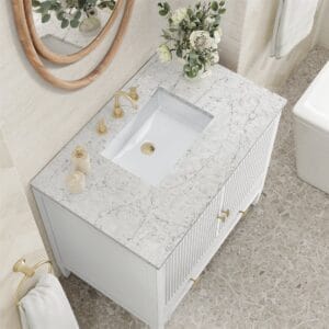 Elegant bathroom vanity with marble countertop.