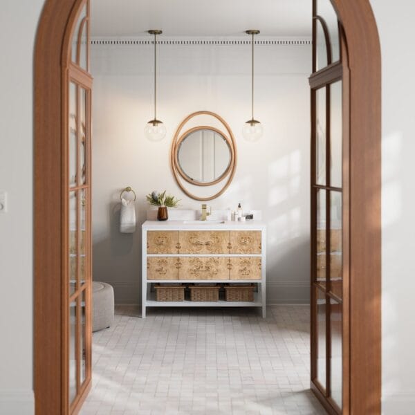 Olena 48" Single Vanity in Light Mappa Burl with Polished White Frame