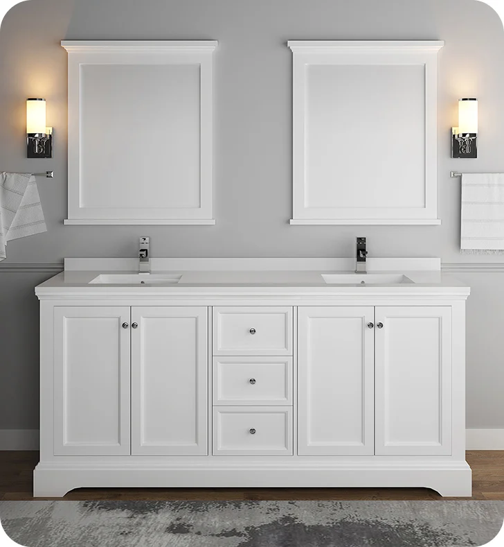 Fresca Windsor 72" Matte White Traditional Double Sink Bathroom Cabinet with Top & Sinks