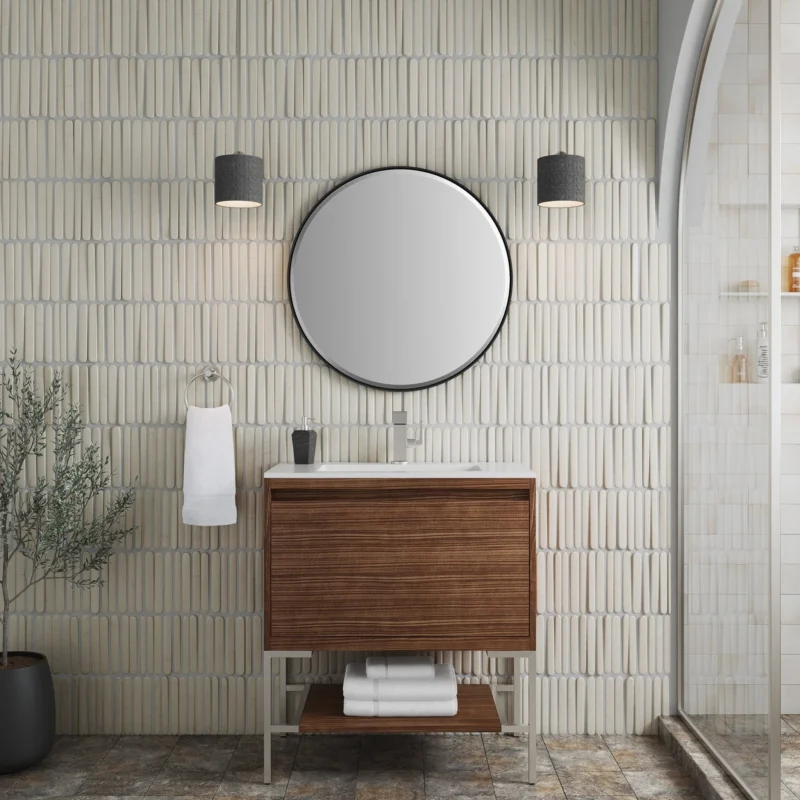 Mantova 31. 5" single vanity cabinet, mid century walnut, brushed nickel base