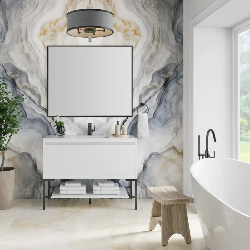 Mantova 47.3" Single Vanity Cabinet, Glossy White, Matte Black Base