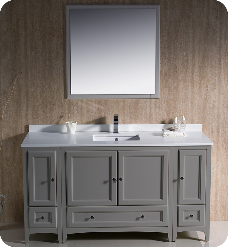 Oxford 60" gray traditional bathroom vanity with 2 side cabinets