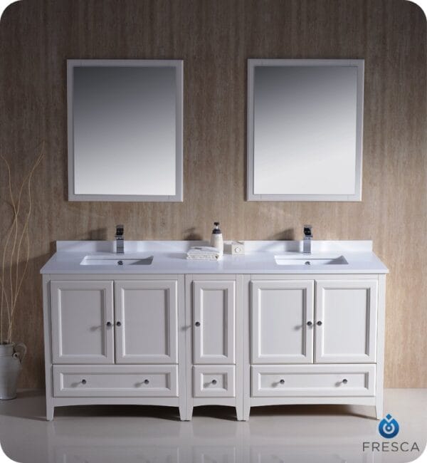 Oxford 72" Traditional Double Sink Bathroom Vanity with Side Cabinet in Antique White