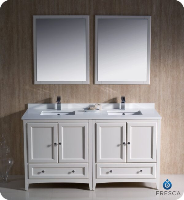 Oxford 60" Traditional Double Sink Bathroom Vanity in Antique White
