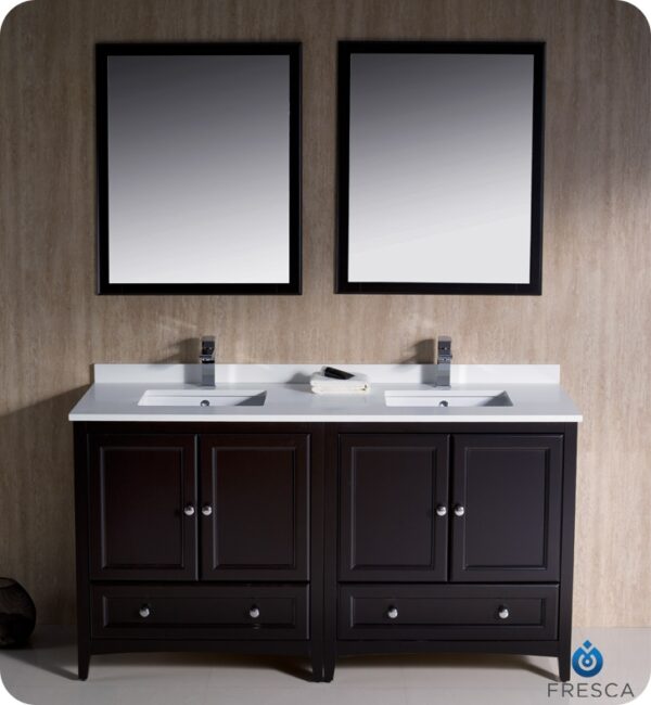 Oxford 60" Traditional Double Sink Bathroom Vanity in Espresso