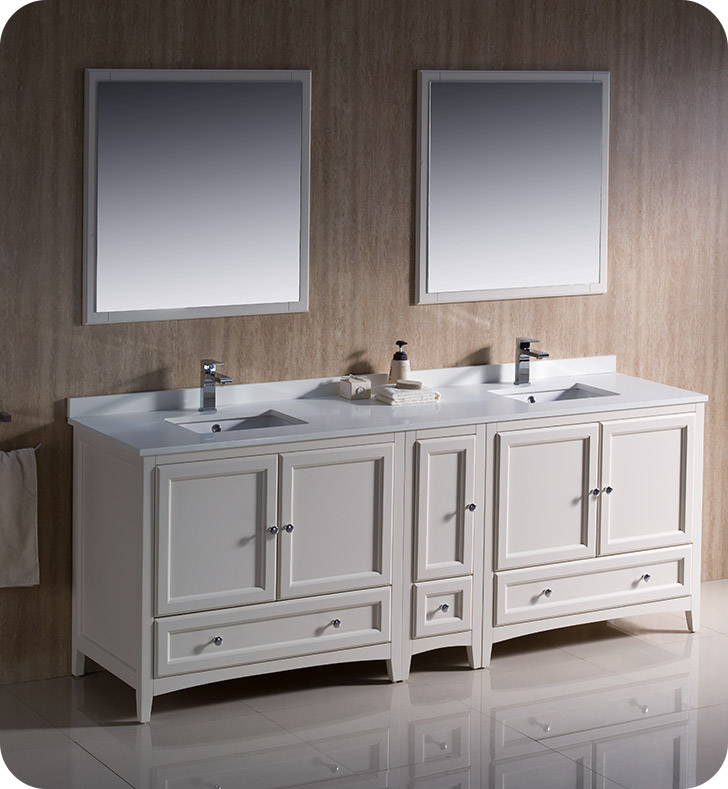 Oxford 84” antique white traditional bathroom vanity set with countertop, double sinks and mirrors