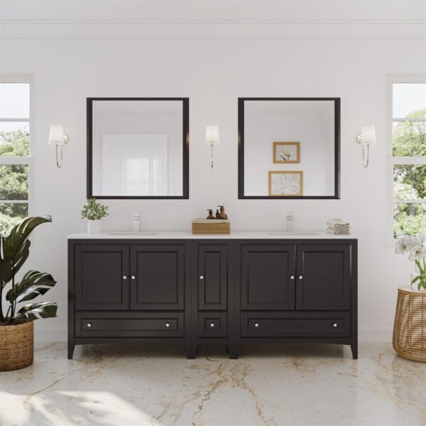 Oxford 84” Espresso Traditional Bathroom Vanity Set with Countertop, Double Sinks and Mirrors