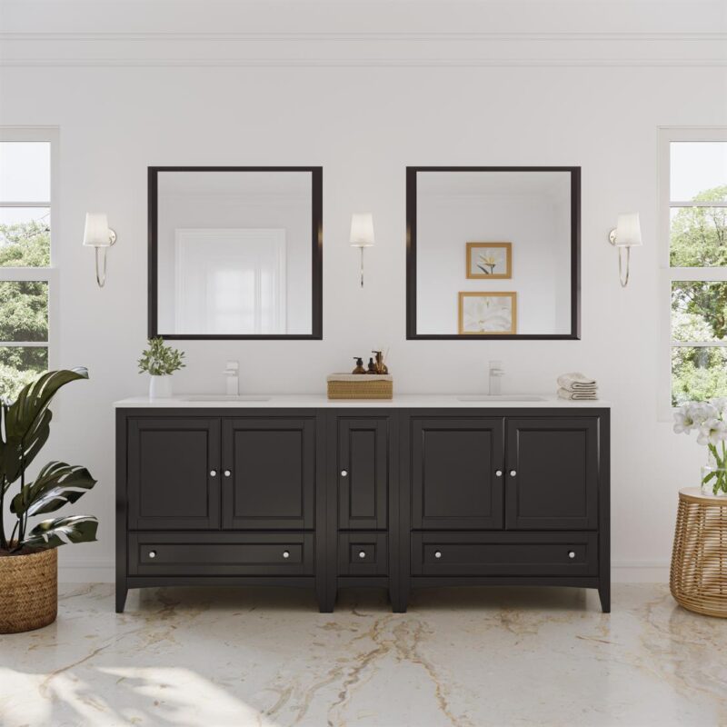 Oxford 84” Espresso Traditional Bathroom Vanity Set with Countertop, Double Sinks and Mirrors