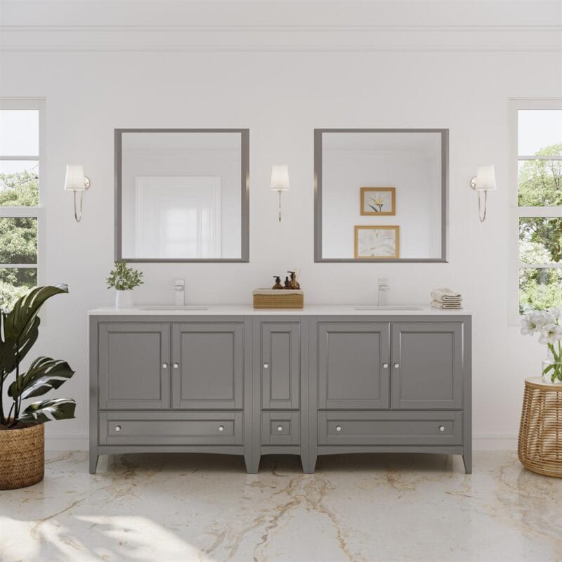 Oxford 84” Gray Traditional Bathroom Vanity Set with Countertop, Double Sinks and Mirrors