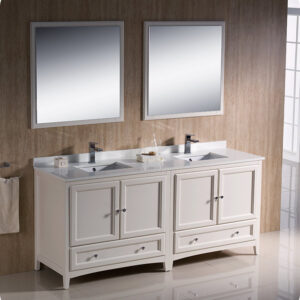 Oxford 72” Antique White Traditional Bathroom Vanity with Countertop, Double Sinks and Mirrors