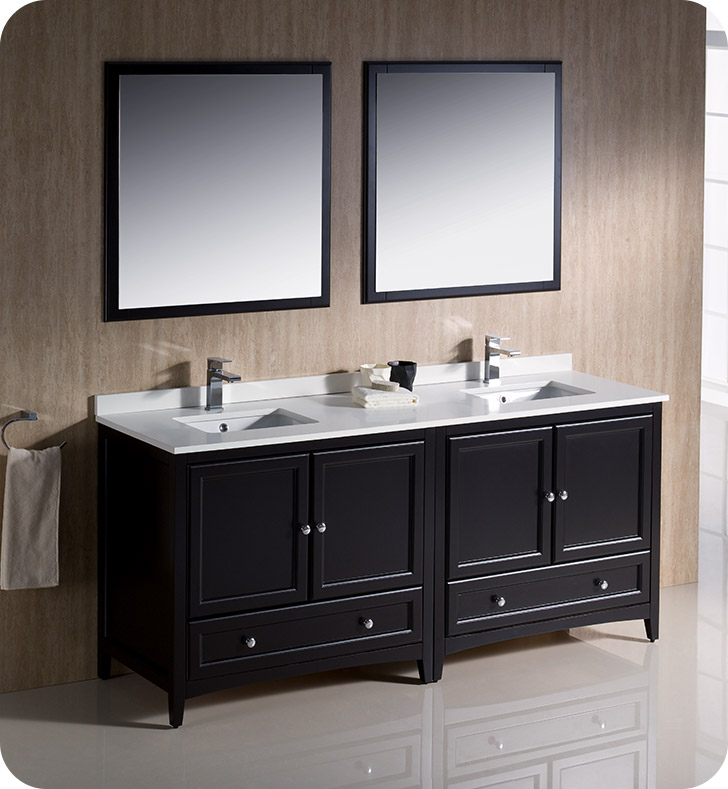 Oxford 72” espresso traditional bathroom vanity with countertop, double sinks and mirrors