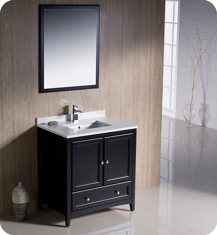 Oxford 30” Espresso Traditional Bathroom Vanity Set with Countertop, Sink and Mirror