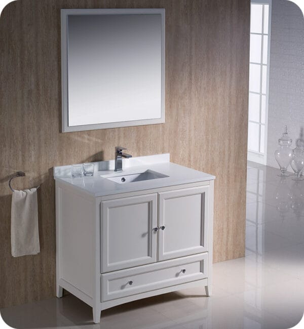 Oxford 36” Antique White Traditional Bathroom Vanity Set with Countertop, Sink and Mirror